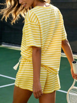 Striped Short Sleeve Tee and Drawstring Shorts Set - Trendsi - Flyclothing LLC