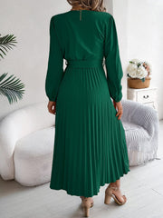 Pleated Tied V-Neck Long Sleeve Dress - Trendsi