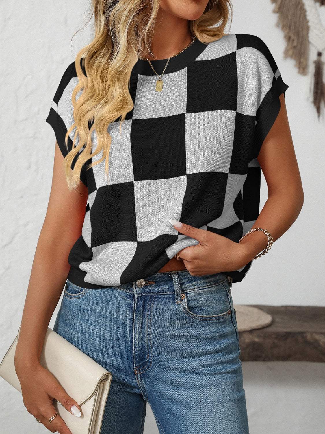 Mandy Checkered Round Neck Cap Sleeve Knit Top - Trendsi - Flyclothing LLC