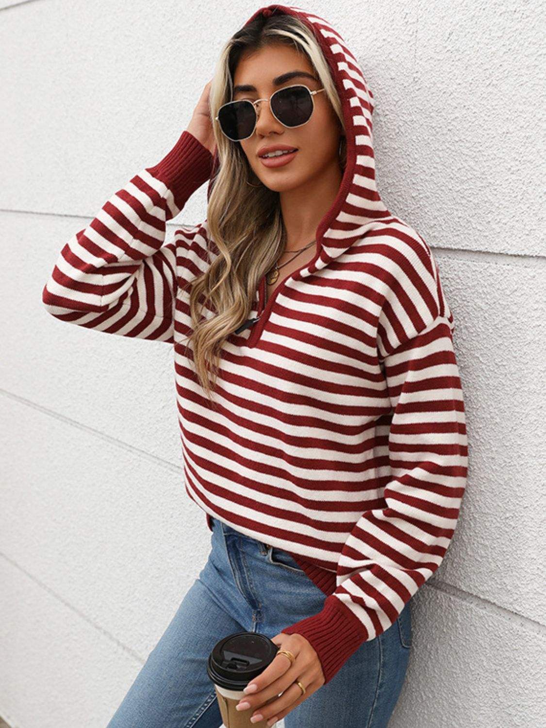 Perfee Striped Long Sleeve Hooded Sweater - Trendsi - Flyclothing LLC
