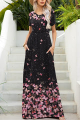 Printed Round Neck Short Sleeve Maxi Dress - Trendsi