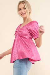 And The Why Satin Leopard V Wired Puff Sleeves Blouse - Trendsi - Flyclothing LLC