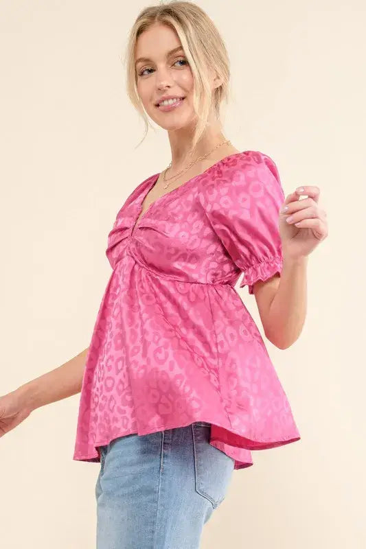 And The Why Satin Leopard V Wired Puff Sleeves Blouse - Trendsi - Flyclothing LLC