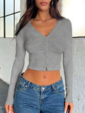 Buttoned V-Neck Long Sleeve T-Shirt - Trendsi - Flyclothing LLC