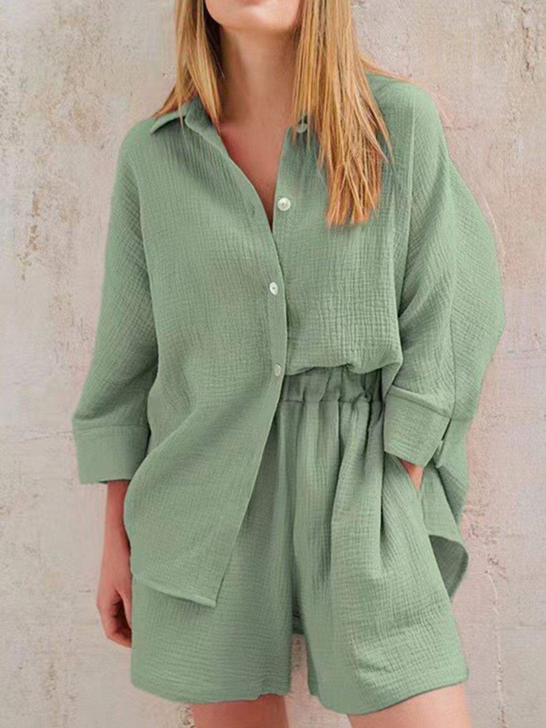 Texture Button Up Shirt and Shorts Set - Trendsi - Flyclothing LLC