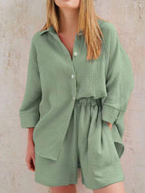 Texture Button Up Shirt and Shorts Set - Trendsi - Flyclothing LLC