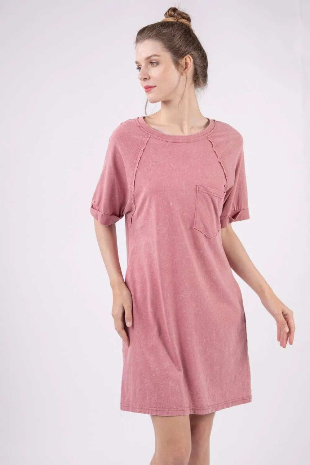 VERY J Washed Round Neck Mini Tee Dress - Trendsi - Flyclothing LLC