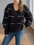 Striped Button Down V-Neck Long Sleeve Cardigan - Trendsi - Flyclothing LLC