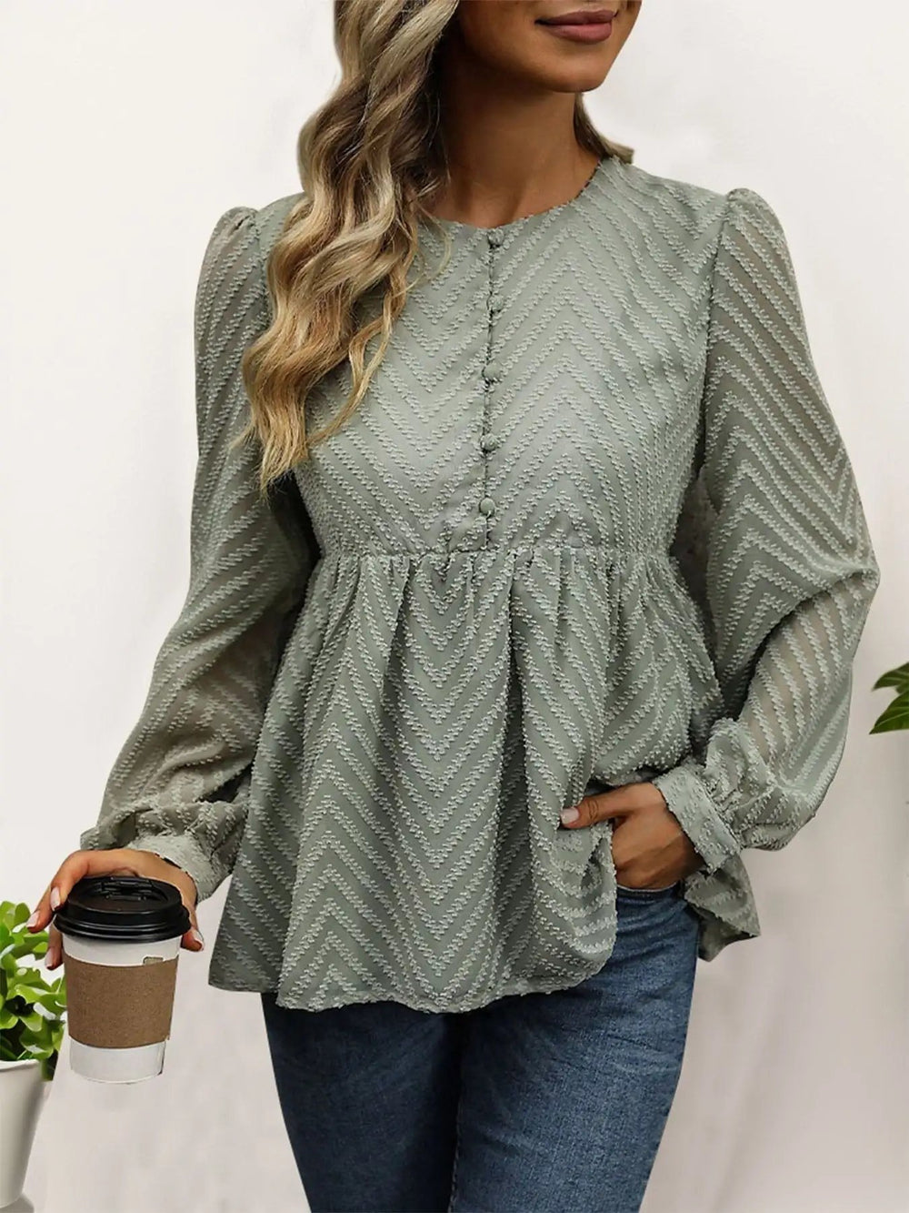 Peplum Round Neck Long Sleeve Blouse - Trendsi