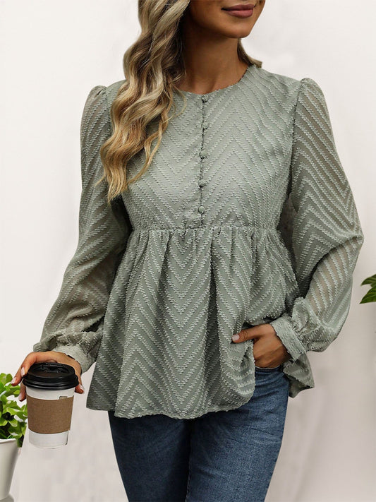 Peplum Round Neck Long Sleeve Blouse - Trendsi