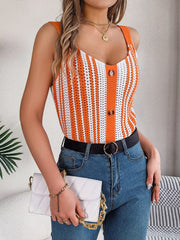 Openwork Striped V-Neck Tank - Trendsi