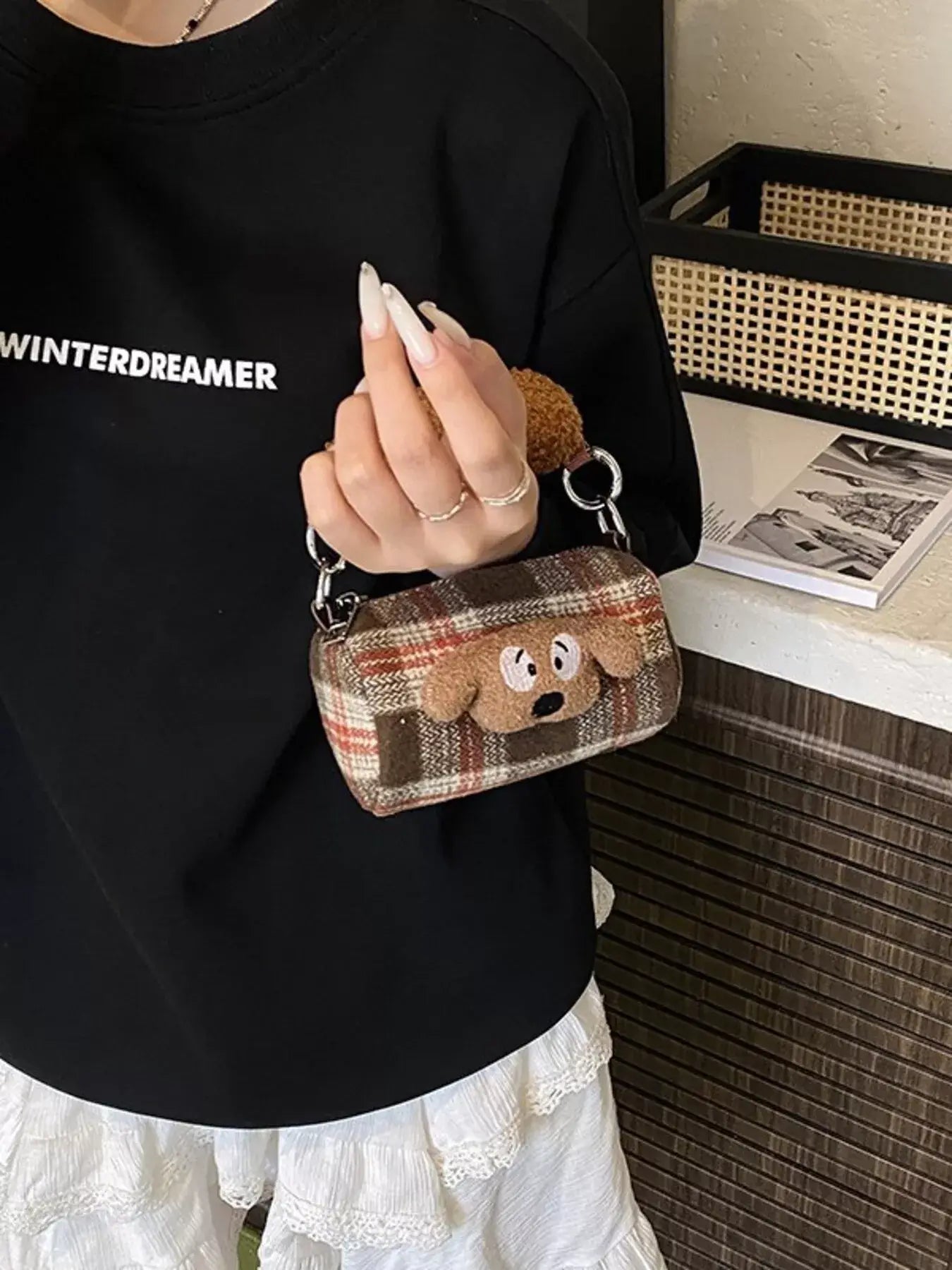 Plaid Pattern Plush Trim Crossbody Bag - Trendsi - Flyclothing LLC