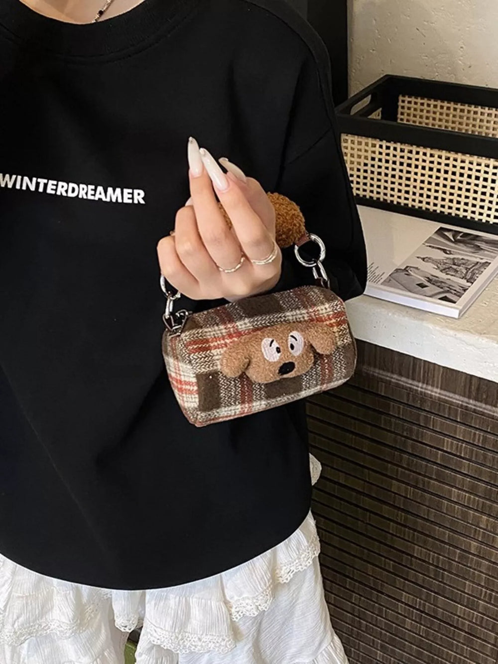 Plaid Pattern Plush Trim Crossbody Bag - Trendsi - Flyclothing LLC