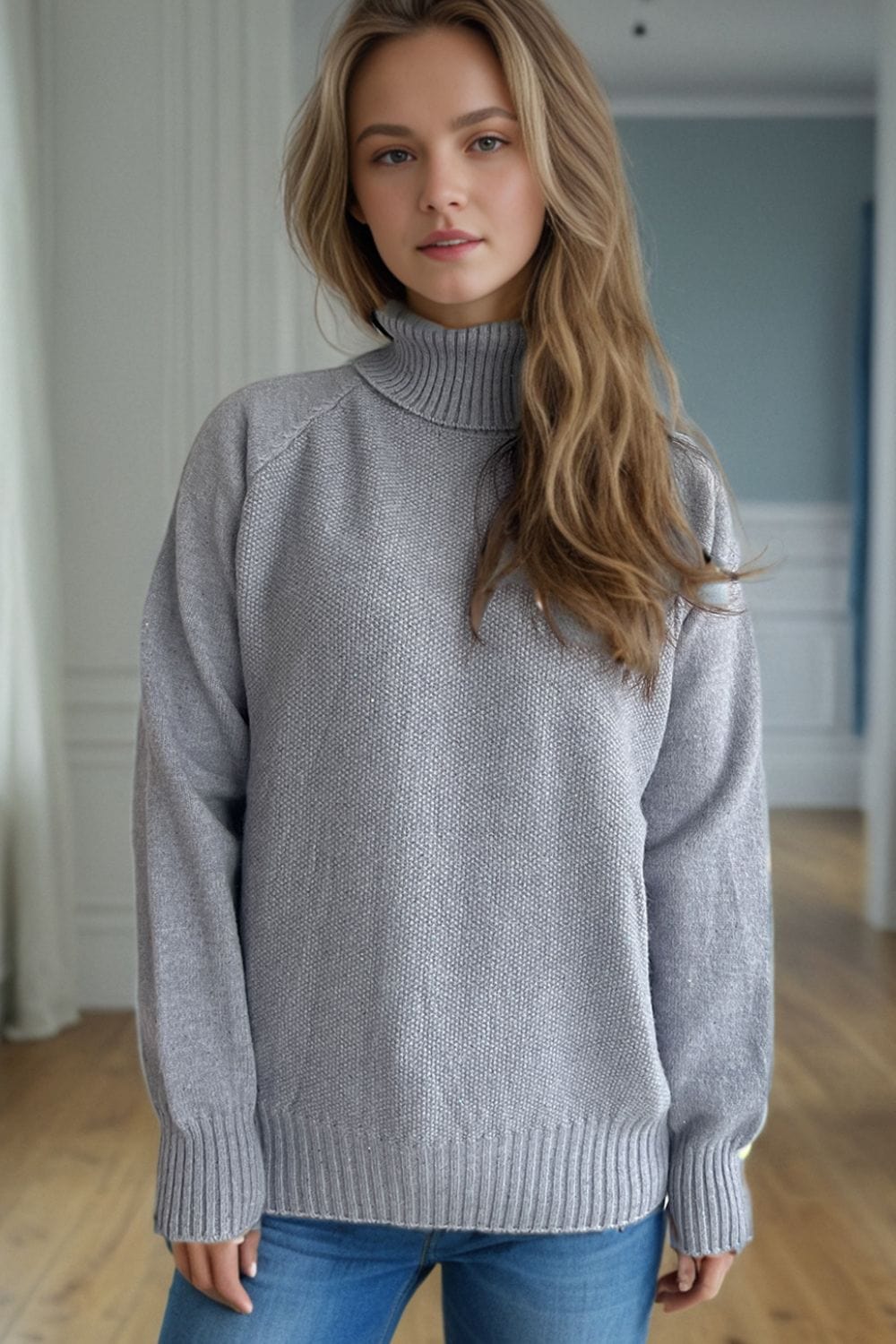 Ribbed Turtleneck Raglan Sleeve Sweater - Trendsi