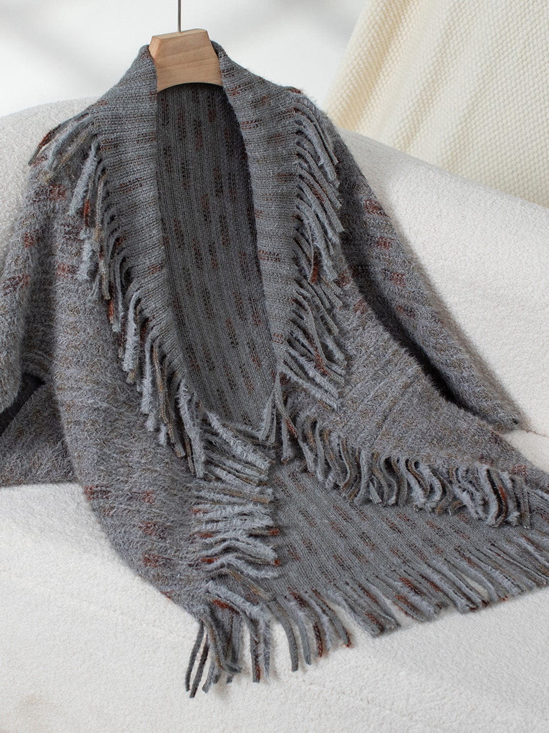 Fringe Open Front Half Sleeve Poncho - Trendsi