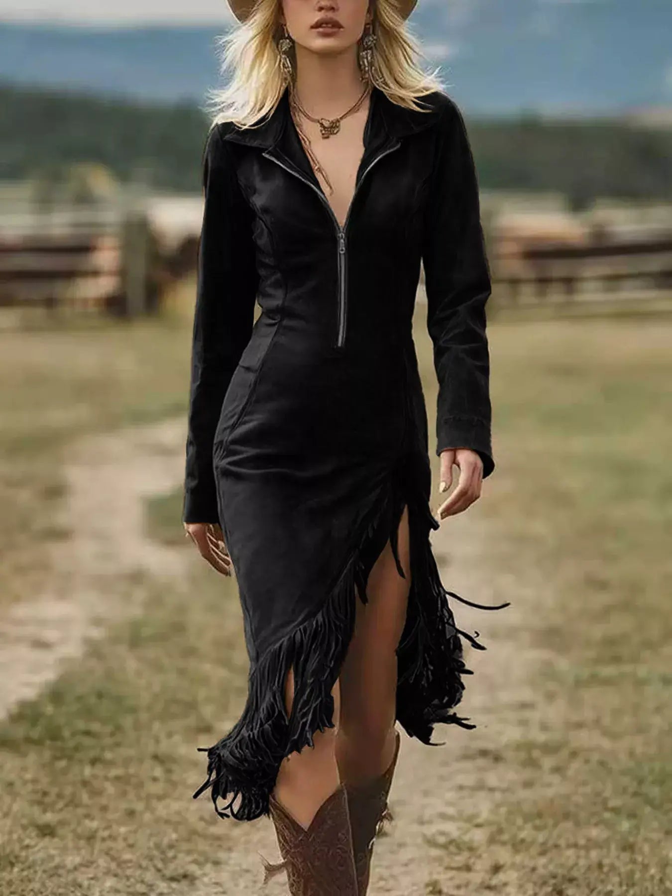 Full Size Fringe Hem Zip Front Bodycon Dress Plus Size - Trendsi - Flyclothing LLC