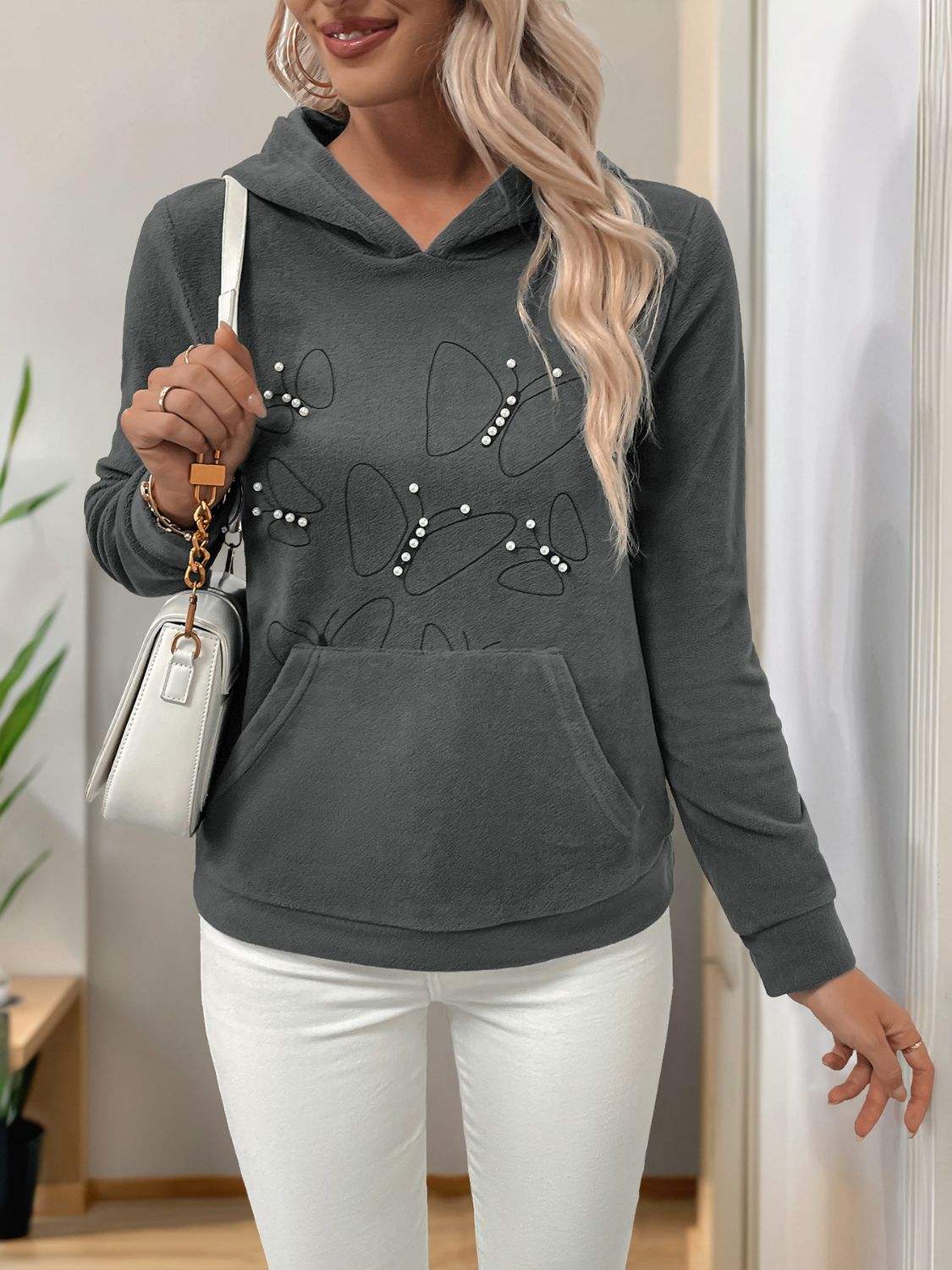 Perfee Pearl Butterfly Long Sleeve Hoodie - Trendsi - Flyclothing LLC