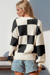 Double Take Full Size Checkered Dropped Shoulder Cardigan - Trendsi