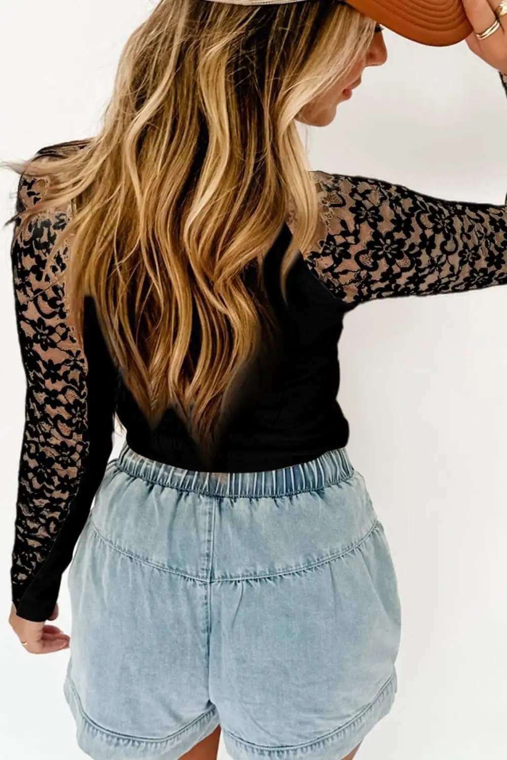 Mock Neck Long Sleeve Lace Patchwork T-Shirt - Trendsi - Flyclothing LLC