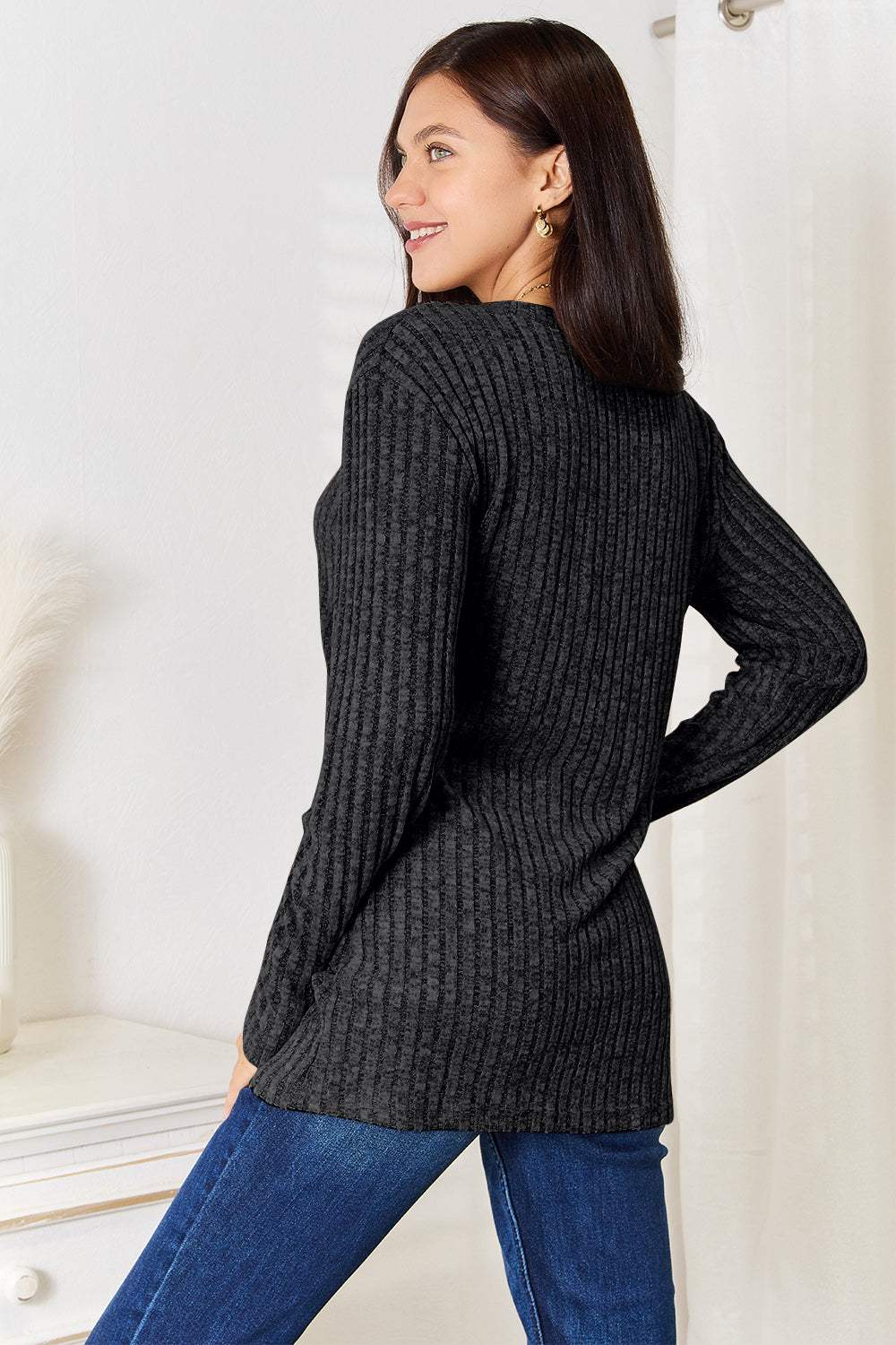 Double Take Notched Neck Ribbed Long Sleeve T-Shirt - Trendsi - Flyclothing LLC