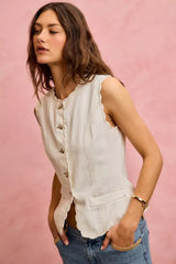 SO ME Scalloped Edge Cotton Twill Washed Vest Top - Trendsi - Flyclothing LLC
