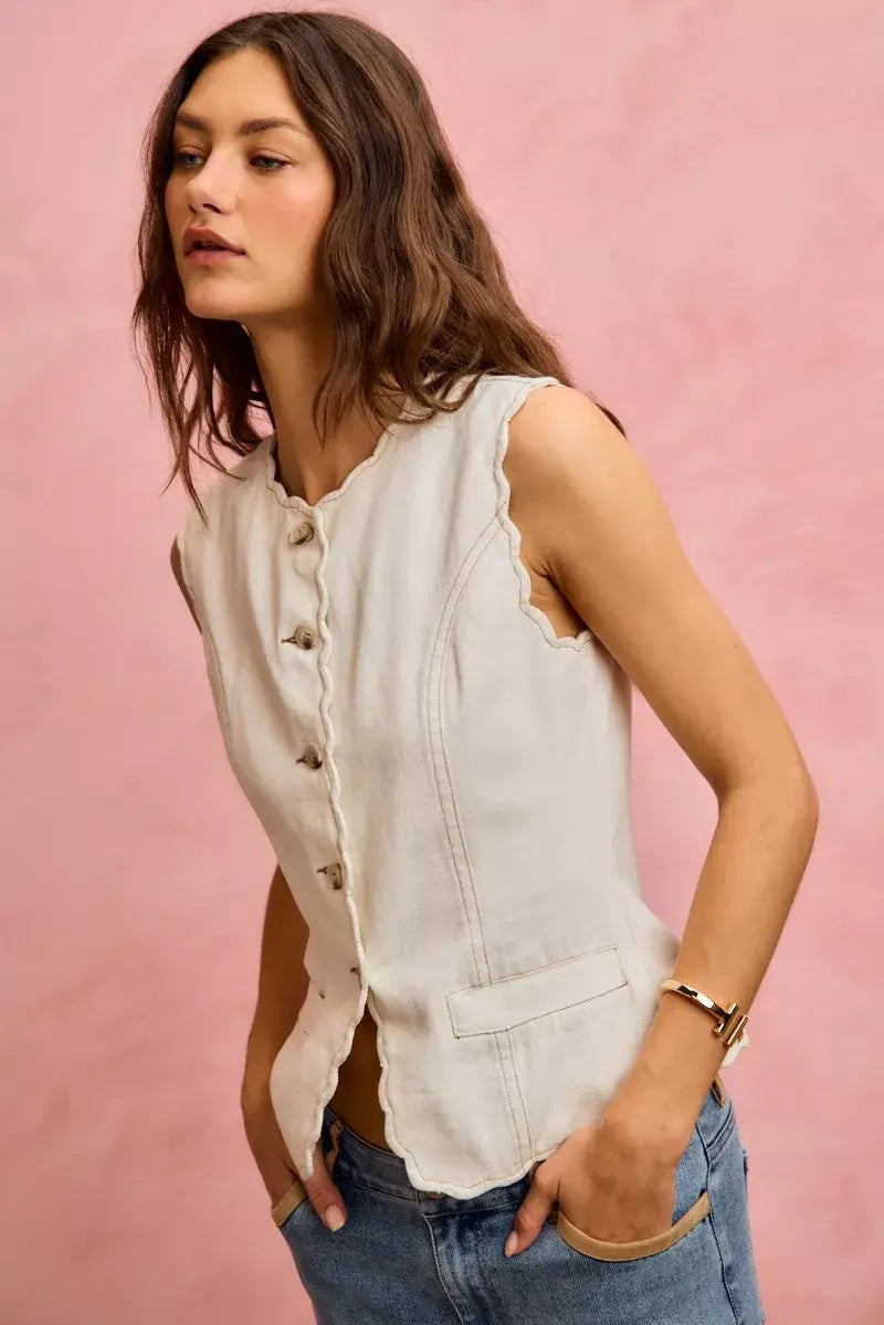 SO ME Scalloped Edge Cotton Twill Washed Vest Top - Trendsi - Flyclothing LLC