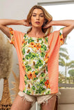 BiBi Floral W Stripe Color Block Dolman Sleeves Top - Trendsi