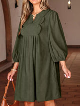 Bracelet Sleeve Split Neck Scallop Detail Pleated Corduroy Mini Dress - Trendsi - Flyclothing LLC