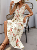 Printed Ruffled Hem V-Neck Sleeveless Dress - Trendsi