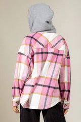 Drawstring Plaid Dropped Shoulder Hooded Shacket - Trendsi