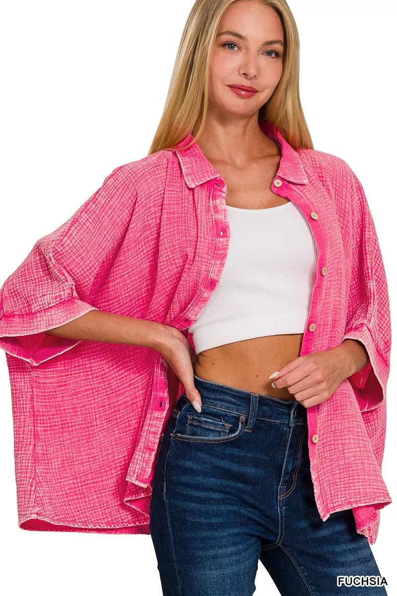 Zenana Washed Double Gauze Button Down Half Sleeve Shirt - Trendsi - Flyclothing LLC