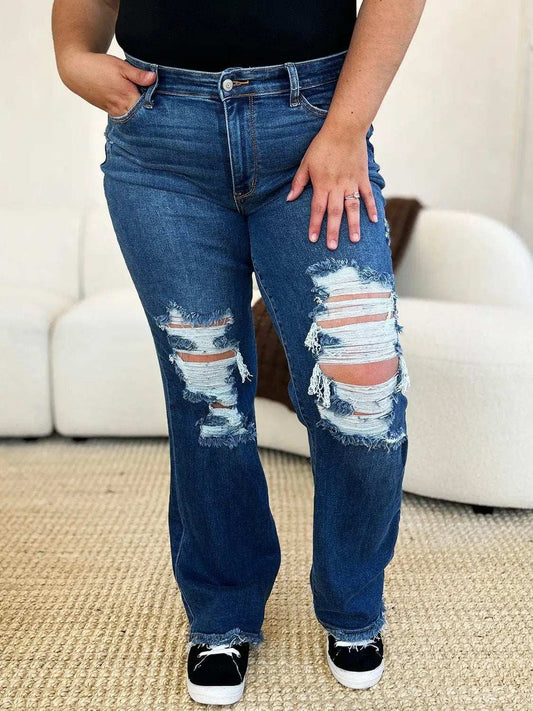 Judy Blue Full Size Mid Rise Distressed Raw Hem Jeans - Trendsi - Flyclothing LLC