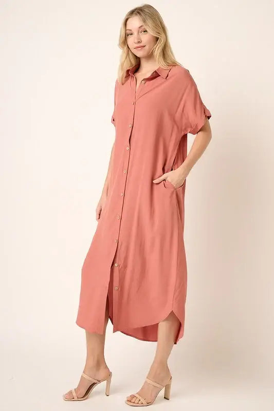 Mittoshop Collared Neck Dolman Short Sleeve Midi Shirt Dress - Trendsi - Flyclothing LLC