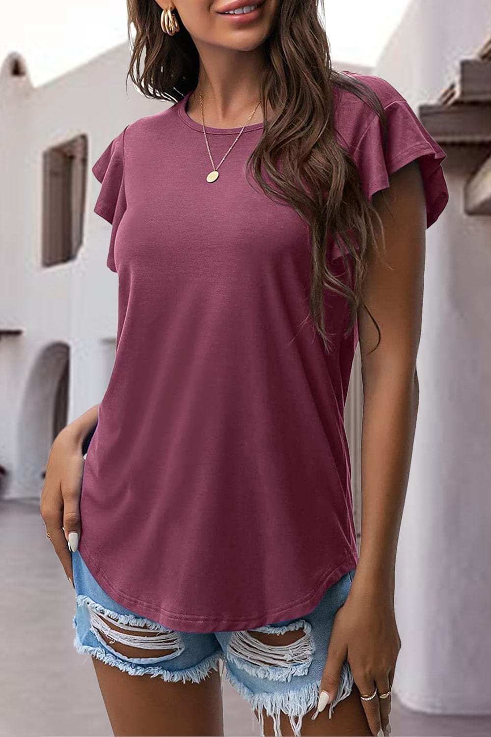 Ruffled Round Neck Cap Sleeve Blouse - Trendsi - Flyclothing LLC