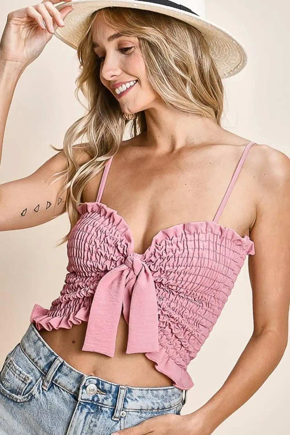 BiBi Ruffled Smocked Ribbon Detail Cami - Trendsi - Flyclothing LLC