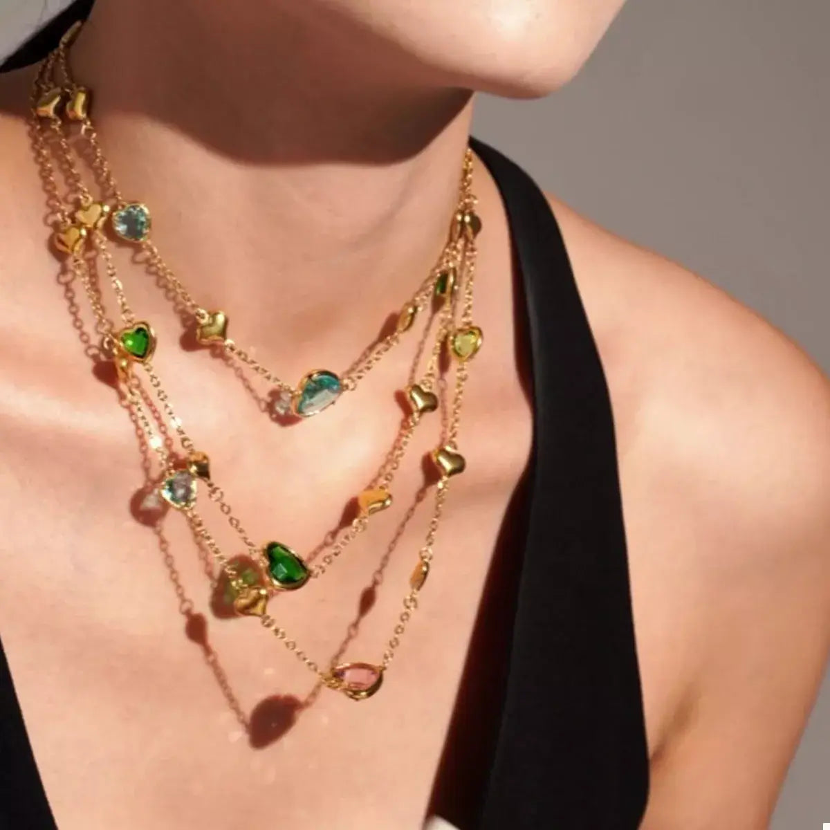 18K Gold-Plated Heart Necklace with Glass Stone - Trendsi - Flyclothing LLC