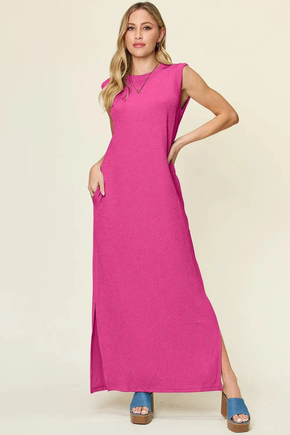 Double Take Full Size Texture Mock Neck Sleeveless Maxi Dress - Trendsi
