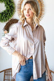 First Love Full Size Ditsy Dot Button Down Collared Satin Shirt - Trendsi