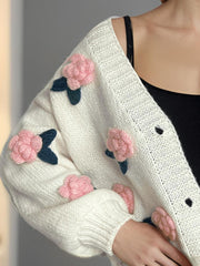 Flower Button Down V-Neck Long Sleeve Cardigan - Trendsi
