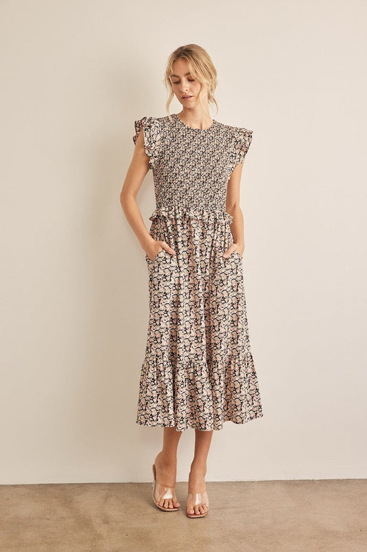 In February Floral Smocked Ruffled Midi Dress - Trendsi
