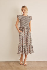 In February Floral Smocked Ruffled Midi Dress - Trendsi