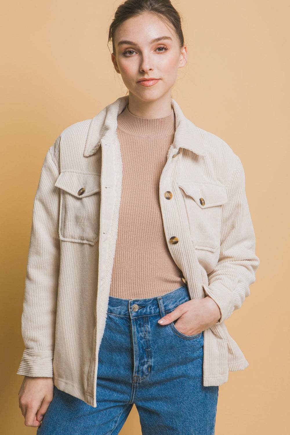 Love Tree Corduroy Button Up Jacket with Sherpa Inside - Trendsi - Flyclothing LLC