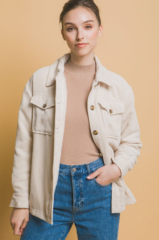 Love Tree Corduroy Button Up Jacket with Sherpa Inside - Trendsi