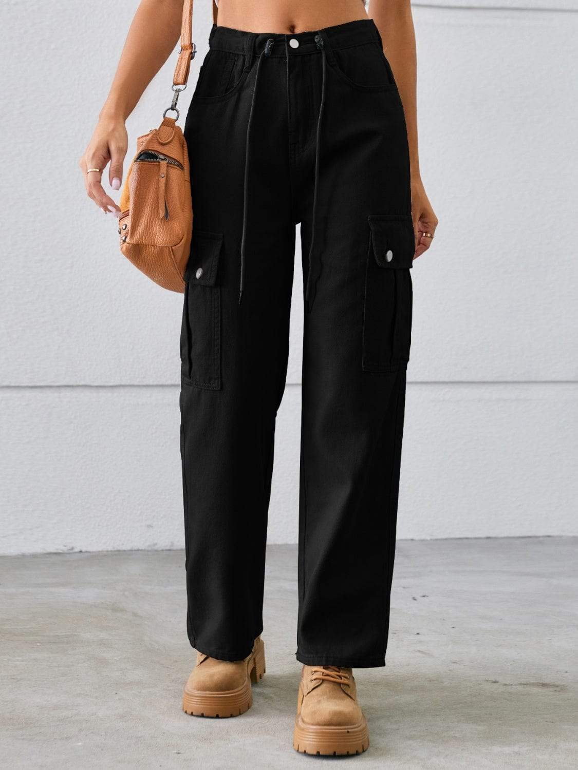 Drawstring Mid-Rise Waist Straight Cargo Jeans - Trendsi - Flyclothing LLC