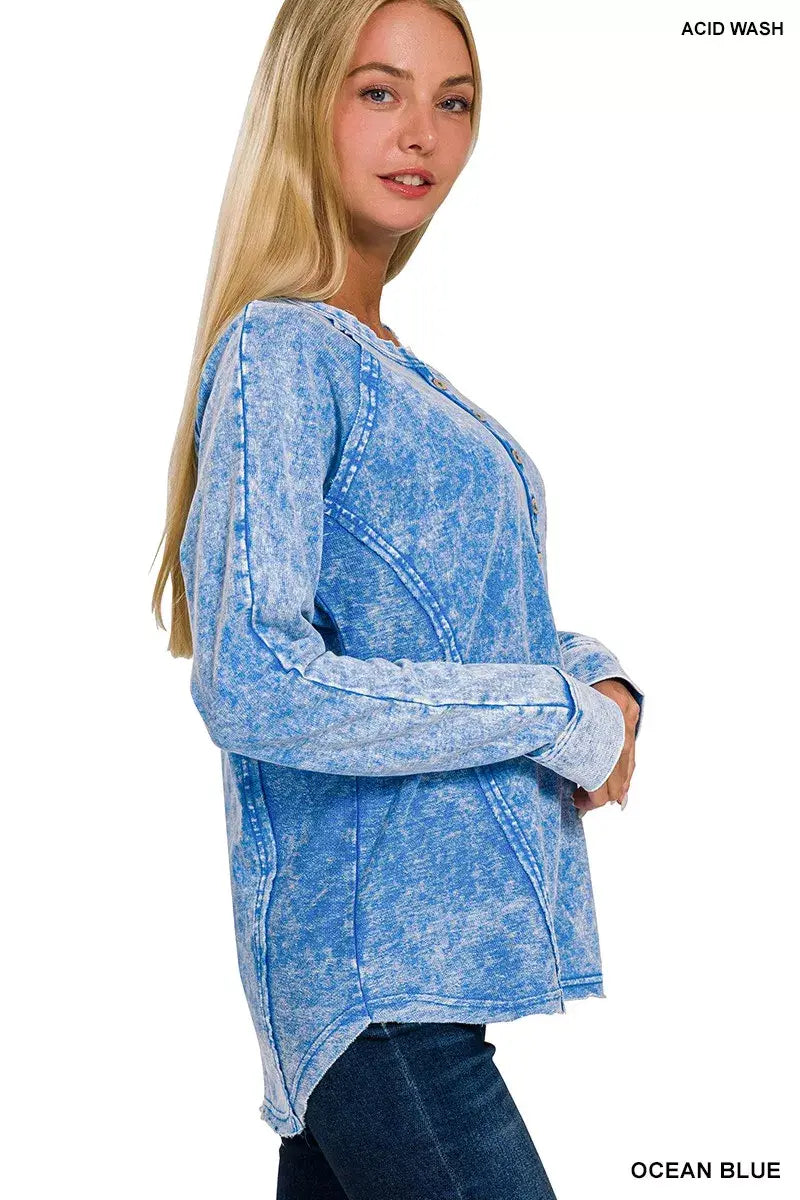 Zenana Washed French Terry Half Button Top - Trendsi - Flyclothing LLC