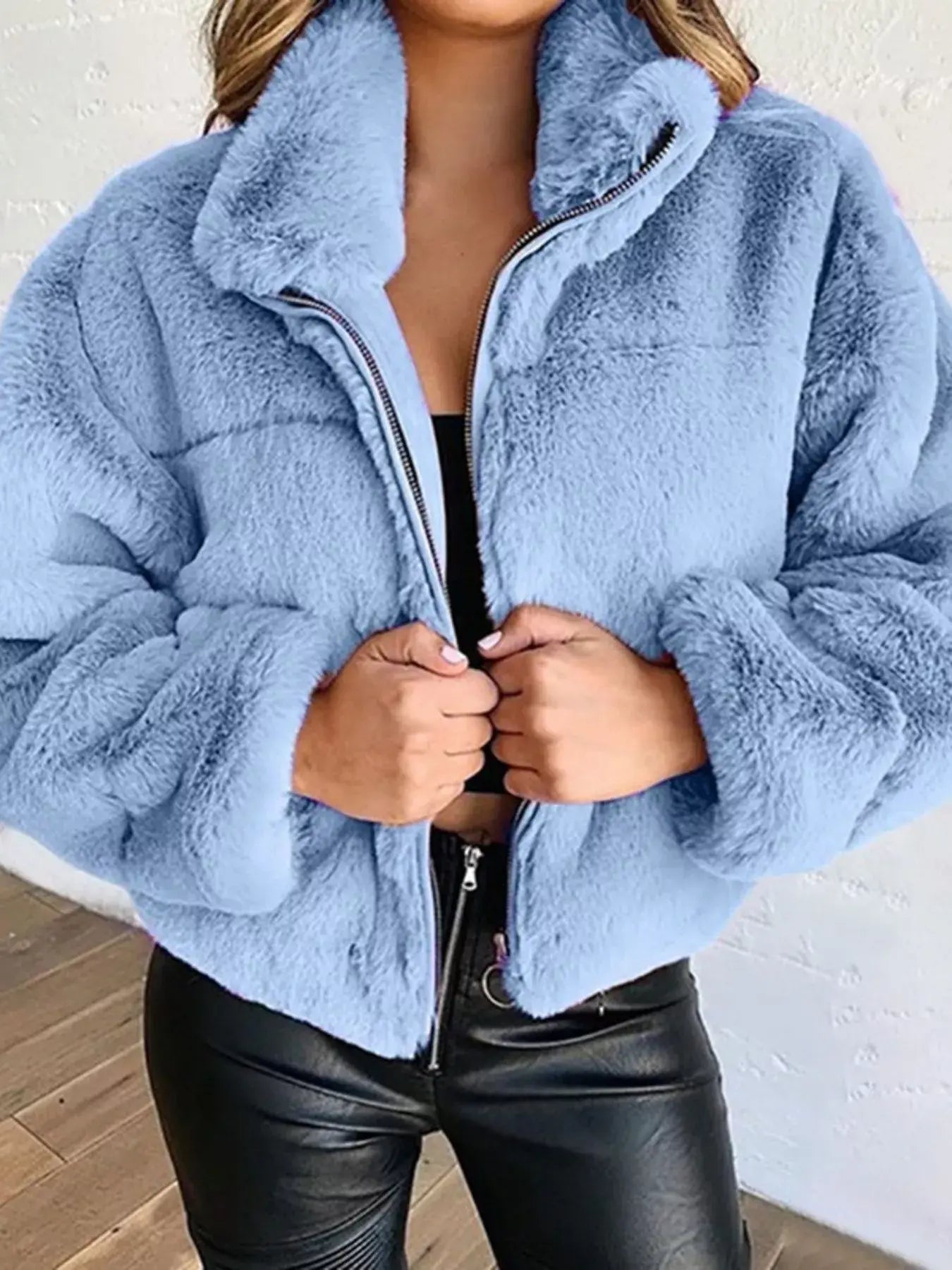 Full Size Faux Fur Cropped Zip-Up Jacket Plus Size - Trendsi - Flyclothing LLC
