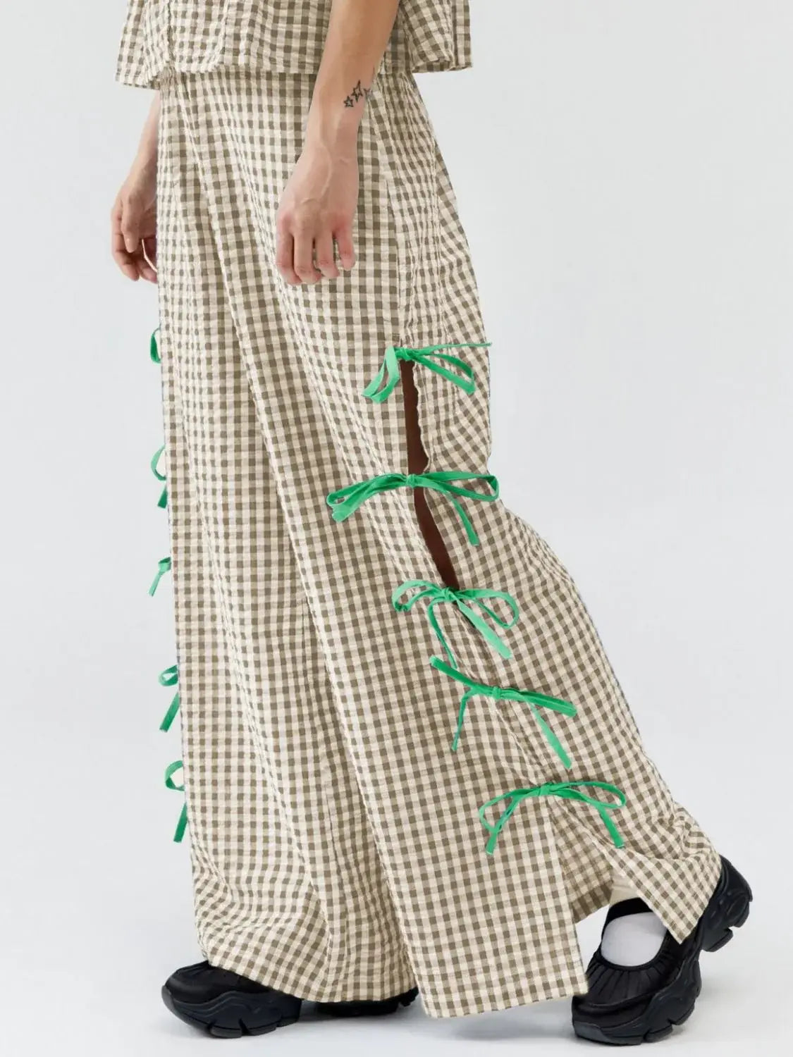 Side Tied Plaid Pants - Trendsi - Flyclothing LLC
