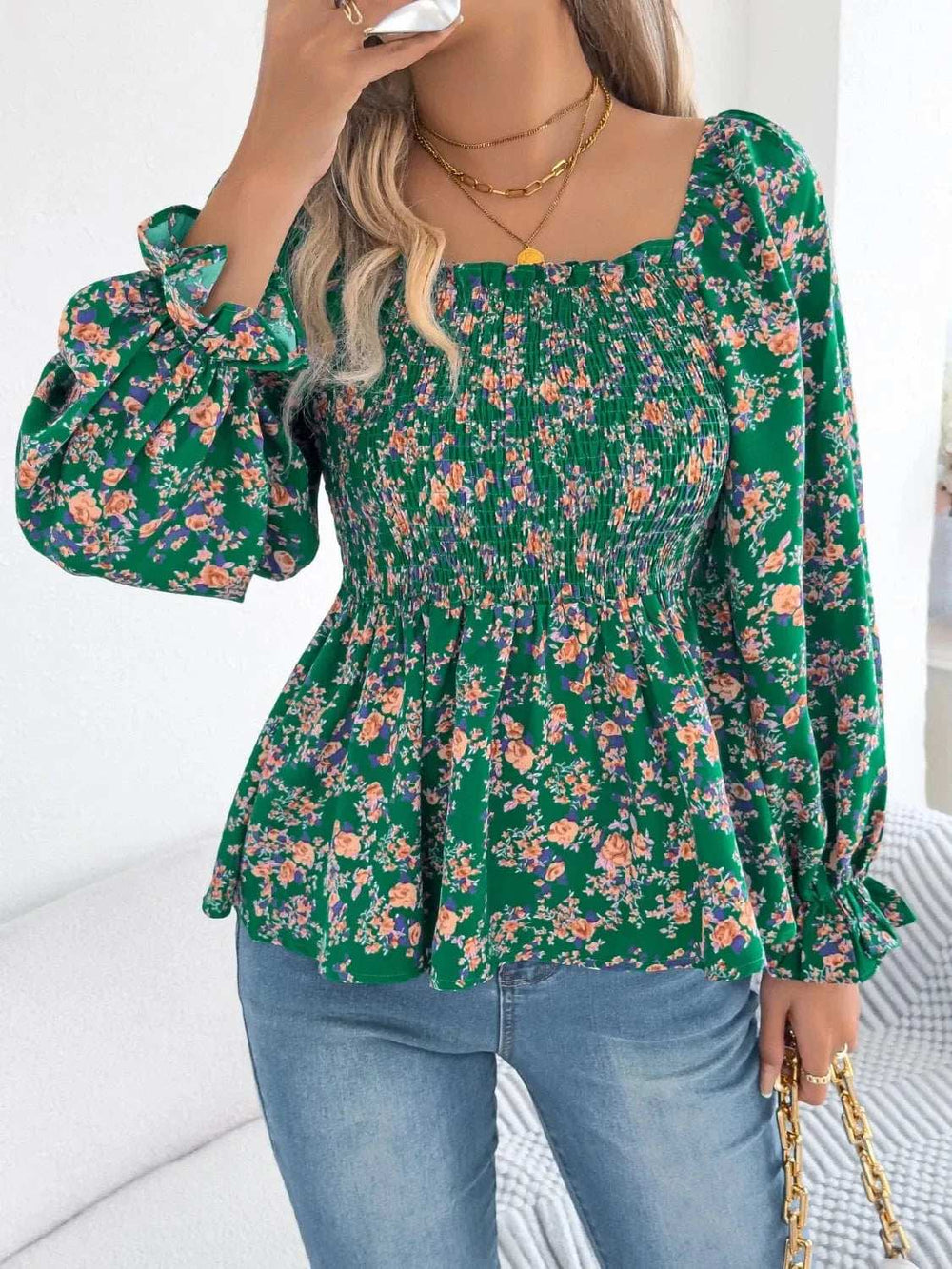 Floral Square Neck Flounce Sleeve Blouse - Trendsi - Flyclothing LLC