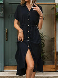 Slit Drawstring Button Up Short Sleeve Midi Dress - Trendsi