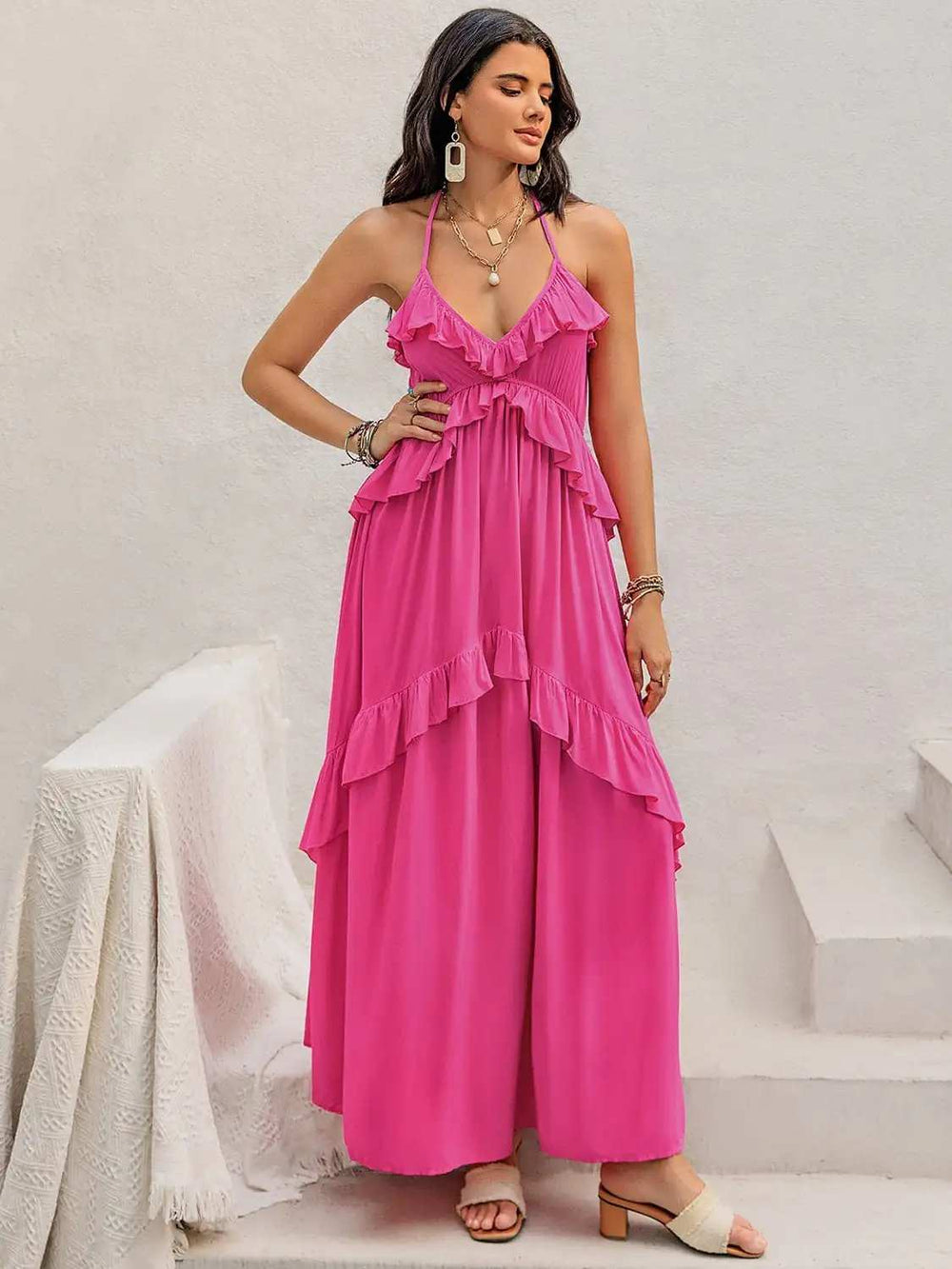 Ruffled Halter Neck Sleeveless Maxi Dress - Trendsi - Flyclothing LLC